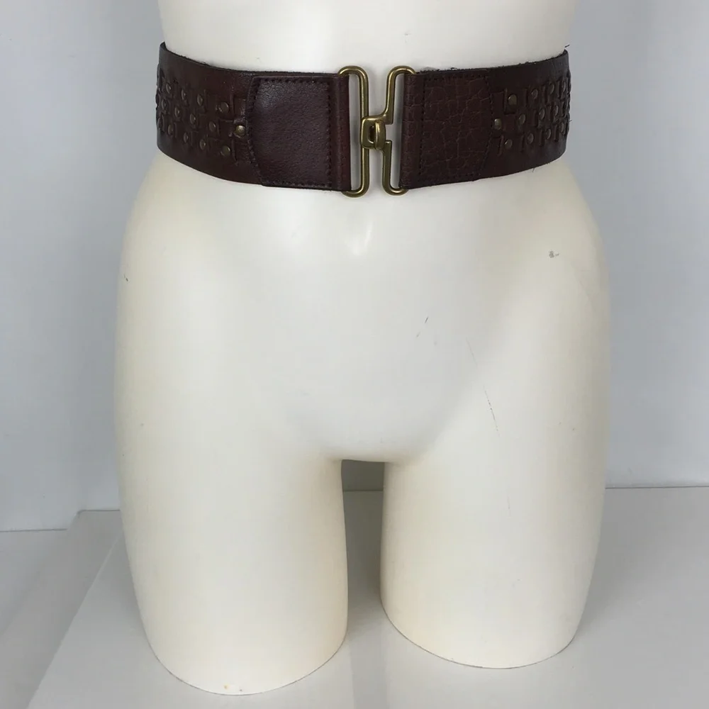 Wide Boho Woven Leather Stretchy Belt Brown with Brass Studs Women’s Size L/XL